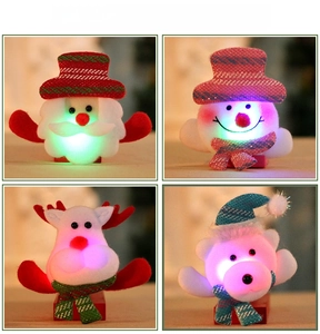 Close-up of LED glowing Christmas brooches featuring Santa, Snowman, Reindeer, and Bear