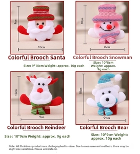 Detailed view of four lighted Christmas brooches with Santa and reindeer felt designs
