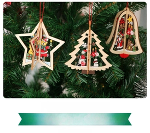 Detail showing laser-cut wooden Christmas ornaments with festive 3D patterns on a tree