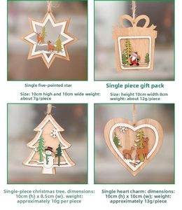 Detailed view of four wooden Christmas ornaments featuring Santa and reindeer designs