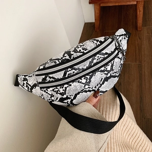 Chic black and white snakeskin waist bag with dual zippers and adjustable strap