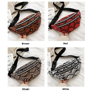 Detailed display of snakeskin waist bags in brown, red, khaki, and white color options