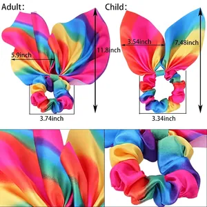 Size guide for adult and child rainbow bow scrunchies in silky satin fabric