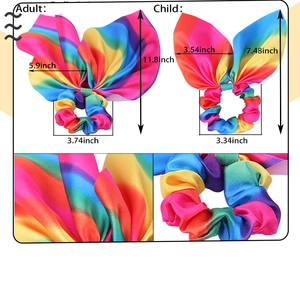 Detailed size comparison for adult and child rainbow satin bow hair scrunchies