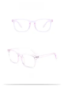 Front and side view of violet transparent square frame glasses with metal hinges