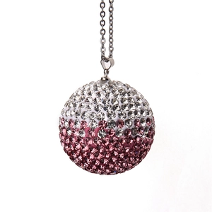 Detail of gradient pink and white crystal ball car pendant with silver chain