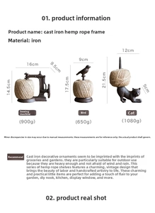 Detailed size specifications for cast iron rope holders in cat, bird, and sewing machine shapes