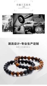 Detail showing tiger eye stone and matte black beads with craftsmanship process background