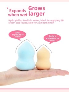 Macro shot showing makeup sponges expanding significantly in size when wet