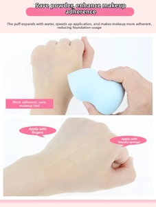 Detailed view of light blue teardrop makeup sponge expanding in water for base application