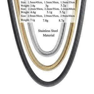 Flat stainless steel snake chain necklace in gold silver and black colors with size chart