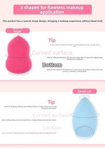 Detail of pink gourd and blue slanted makeup sponges with functional zone labels