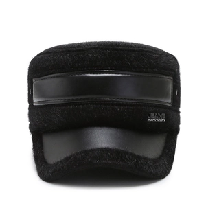 Winter men's black faux mink fur flat top hat with ear protection and plush lining
