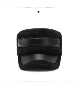 Front view of black faux fur winter military cap with leather band and warm fleece