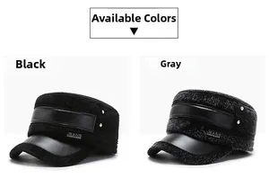 Detail view of winter flat top caps featuring faux mink fur and side decorative labels