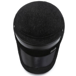Men's winter faux mink fur flat cap in black with leather brim and warm fleece lining