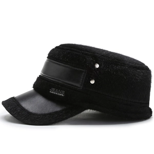 Winter men's faux mink fur military cap with ear protection and warm fleece lining