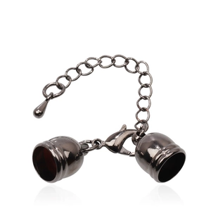 Detail of gun black cylindrical cord ends with lobster clasp and extender chain for DIY