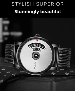 Detail of unique rotating disc watch face with black mesh steel strap and industrial design