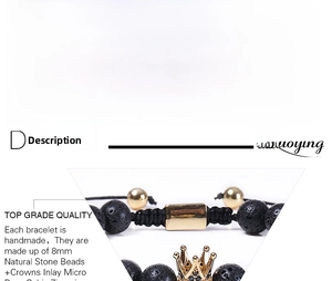 Macro detail of 8mm black lava stone beads and gold-plated zircon crown charm