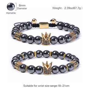Bracelets couronne en hématite magnétique ajustable avec perles 8mm et zircon en cuivre