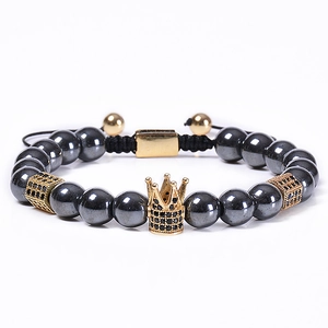 Bracelet couronne en pierre noire magnétique avec zircons en cuivre et cordon tressé