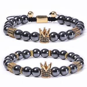 Bracelets Perles Couronne Pierre Hématite Cuivre Micro Pavé Zircon Corde Tressée Ajustable Bijoux Cadeau Pour Hommes Et Femmes