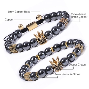 Bracelet couronne en hématite magnétique avec perles en cuivre zircon et cordon réglable