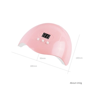 Afmetingen roze nagellamp 180x160x50mm en gewicht 142g met handige timer-knoppen