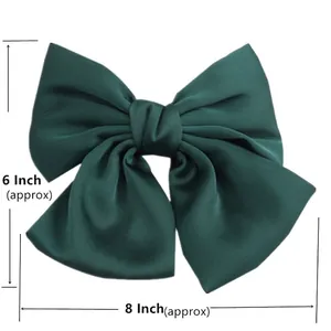 Elegant 8-inch dark green satin bow hair clip for women featuring premium silky texture