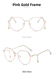 Detailed view of pink and gold polygonal glasses frames featuring star pendant charms