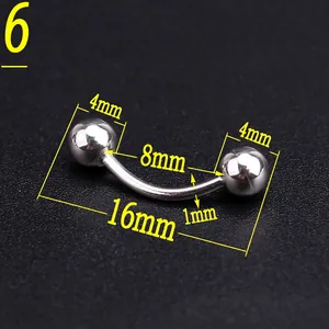 Macro view of 4mm ball curved barbell piercing in polished stainless steel with dimensions