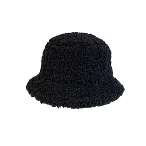 Classic black faux shearling bucket hat for women with warm fluffy texture for winter
