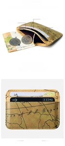 Slim map pattern wallet showing card slots and zipper compartment for coins
