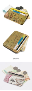 Detailed view of slim map print card holders in brown and beige PU leather texture