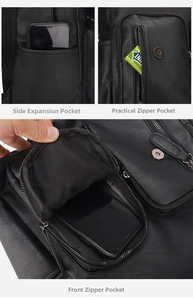 Détail du sac à dos en cuir PU noir avec rangement multipoches et fermetures métalliques