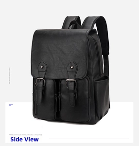 Vue latérale détaillée du sac à dos homme en cuir PU noir avec plusieurs poches zippées