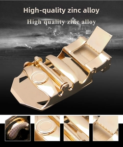 Detailed views of a gold automatic belt buckle made from polished zinc alloy material