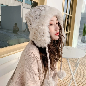 Women Winter Knitted Ear Protection Hat Rabbit Hair Blend Polyester Thickened Warm Trapper Hat With Pom-poms Fashion Hat