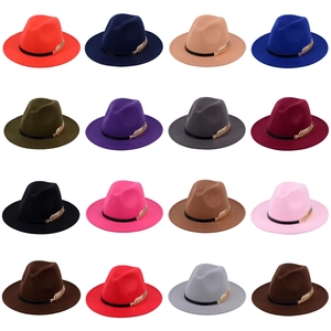 Grid view of wool fedora hats in 16 colors featuring black bands and gold feather charms