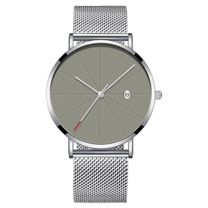 Minimalist ultra-thin mesh watch with grey sunburst dial and date display on white background