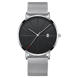 Men's business quartz watch with silver mesh band, black dial, and date calendar display
