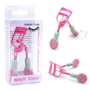 Dual-color eyelash curler with floral handle in pink and mint green professional packaging