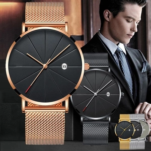 Minimalist men's quartz watch with mesh strap and date display in rose gold and black