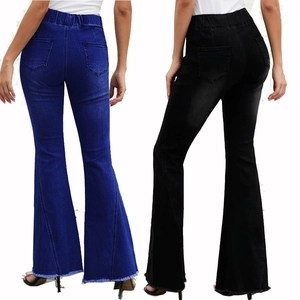 Women's high waist flared jeans with elastic waist and frayed hem in black and blue