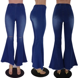 Three-way view of blue distressed flared jeans with high elastic waist and knee holes