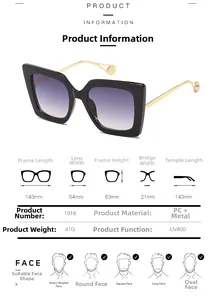 Detail view of cat-eye sunglasses featuring gold metal temples and pearl accents at the ends