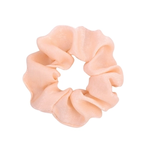 Pink satin scrunchie with soft silk texture and elegant ruffles on white background