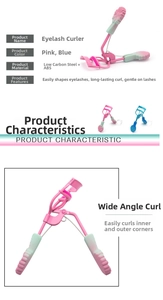 Detail of pink and blue eyelash curler showing carbon steel and ABS material structure