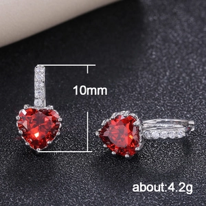Fashion heart shaped red zircon hoop earrings in S925 silver finish for women, 10mm size